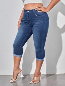 SHEIN Lady Celana Jeans Panjang 3/4 Gaya Jalanan Modis untuk Wanita Ukuran Plus - Medium Wash - View 4