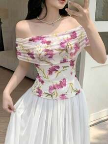 Modelyn Mesh Floral Print Off-Shoulder Pleated Summer Vacation Elegant T-Shirt - White - View 2