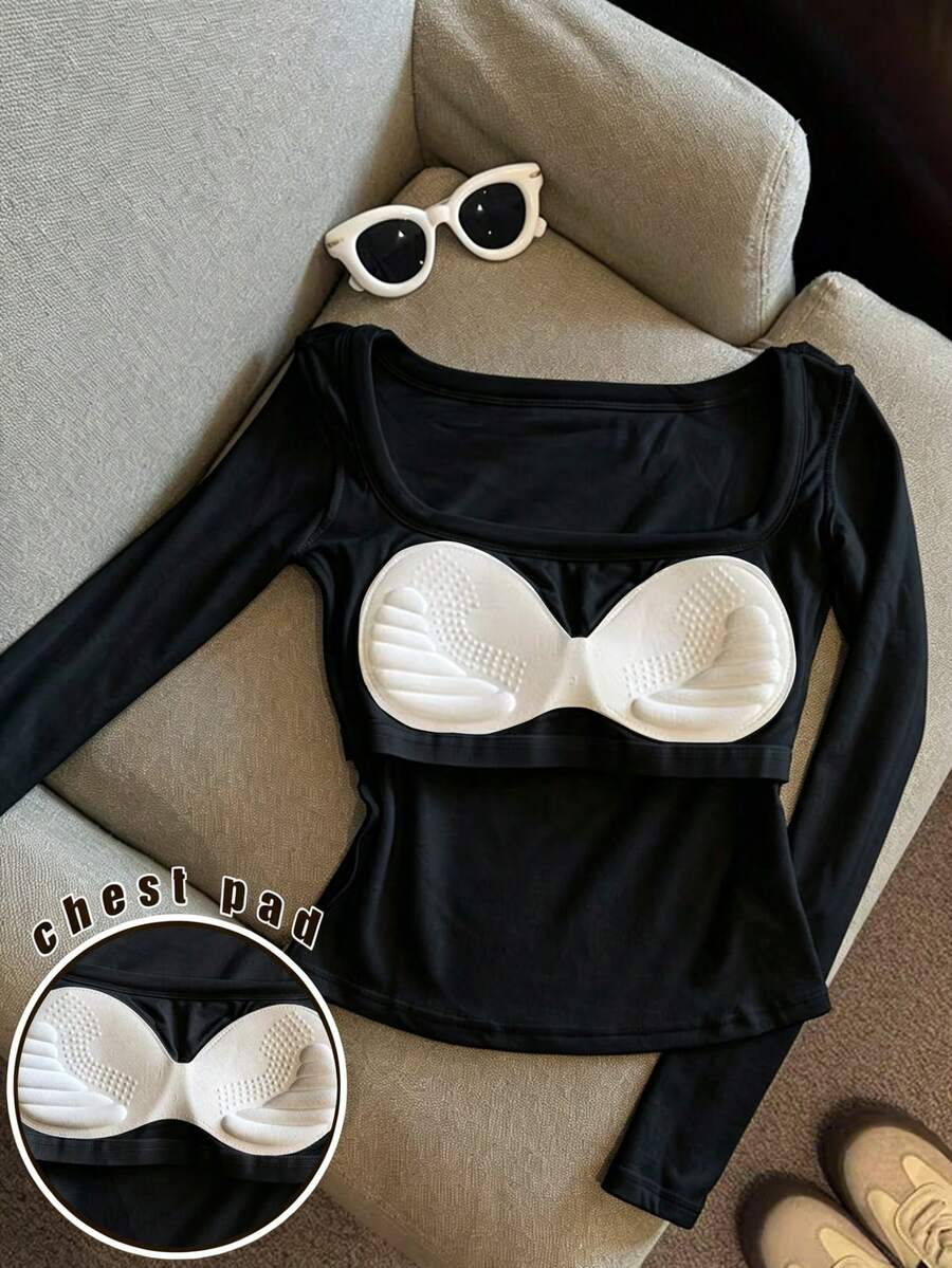 Resyla Damen Einfarbiges minimalistisches Casual Shirt mit quadratischem Ausschnitt und Langarm - Schwarz - Übersicht 1