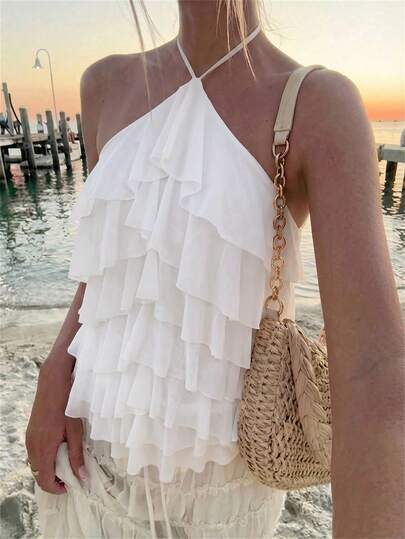 Aloruh Women's Elegant Romantic Tie-Up Neck Layered Ruffle White Vacation/Date Top,Summer Top