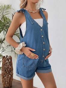 SHEIN Áo liền quần denim một hàng cúc, thắt nút vai dành cho bà bầu, kiểu dáng thường ngày đa năng. - Màu xanh lam - Xem 3