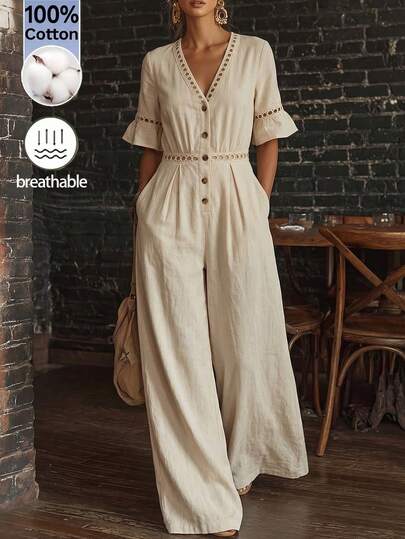 Balvessa Women's Beige Linen V-Neck Eyelet Embroidery Jumpsuit, Waist-Cinched Wide Leg Flare Sleeve Boho Vacation Romper