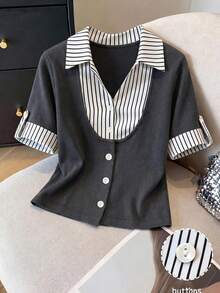 SHEIN Franclia Áo thun nữ tay ngắn cổ polo kẻ sọc phối màu, áo sơ mi tay ngắn cài nút in họa tiết, kiểu dáng thường ngày, thích hợp mặc đi làm, mẫu mới mùa hè thu 2026. - Xám - Xem 5