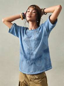 SoleilVie Áo kiểu nữ cổ tròn, họa tiết nhuộm tie-dye, dáng rộng, tối giản, phong cách thường ngày. - Màu xanh lam - Xem 5