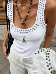 HueRush New Arrival Summer/Autumn Studded Ribbed Tank Top, Slim Fit U-Neck Sleeveless Camisole Everyday White Streetwear Y2k - White - View 5