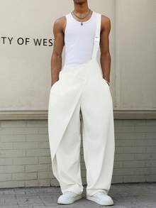 Manfinity EMRG Men's Solid Color Pocket Casual Versatile Daily Wear Bib Overall Pants - White - View 7
