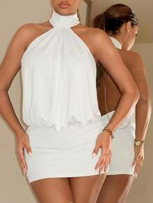 SHEIN ICON High Neck Backless Ruched Bodycon Mini Dress - White - View 5