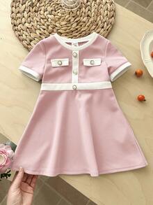 LMoss Kids Baby Girl Knitted Colorblock Round Neck Casual Dress - Baby Pink - View 5