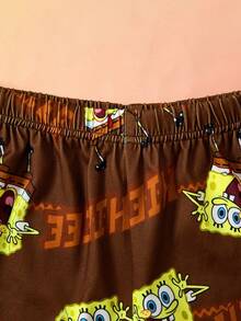 SpongeBob SquarePants | SHEIN 2件套青少年男童卡通图案印花宽松圆领短袖短裤睡衣套装， - 黑色 - 查看 7