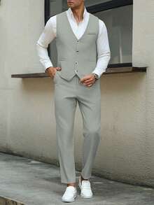 Calvornis Men Business Formal Button Front Vest Suit Blazer And Tailored Pants And Men Vest Suit Clothing 2 Pieces Set For Ceremony - Green - View 7