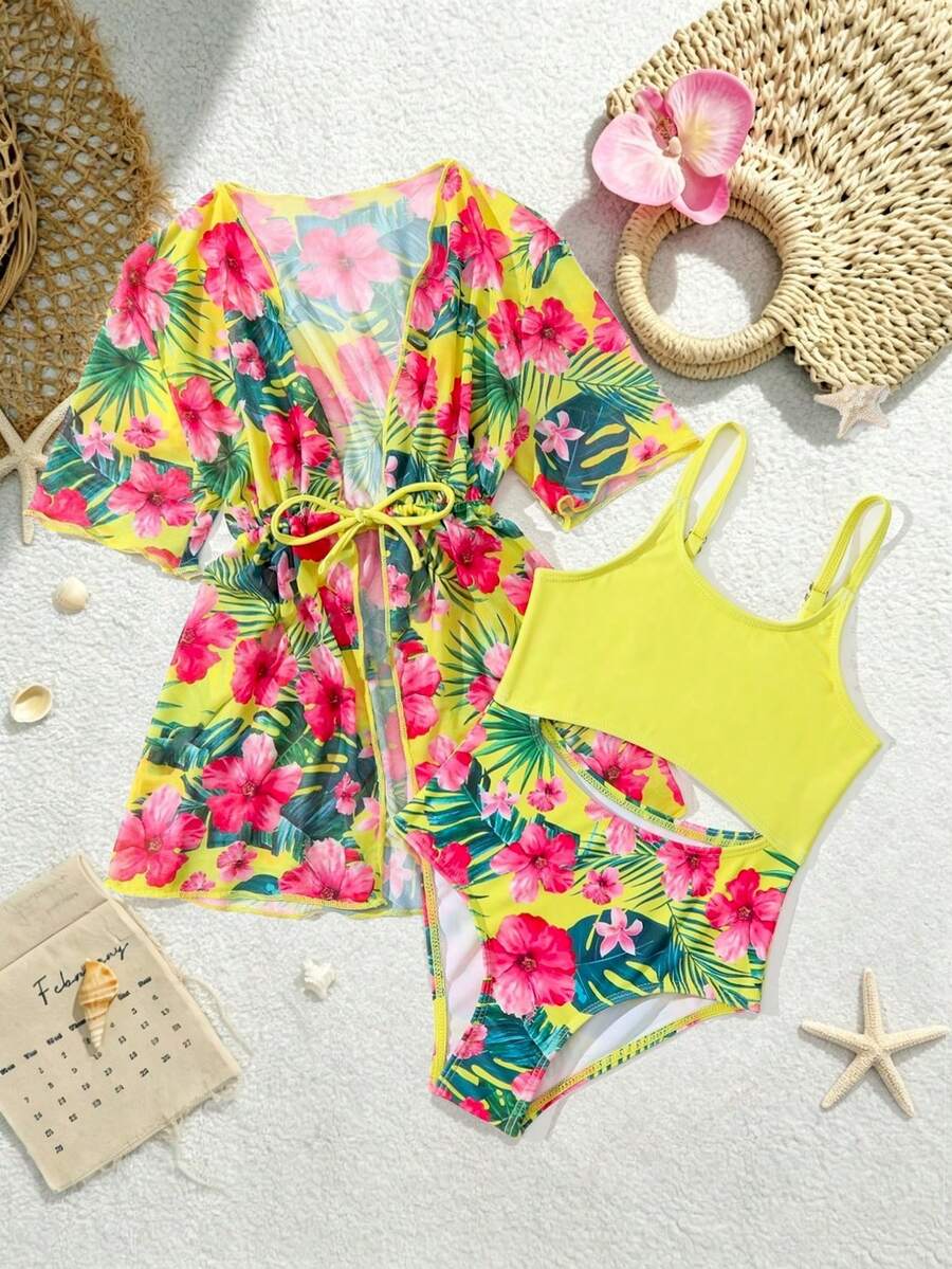SHEIN Cô Gái Trẻ Bản in nhiệt đới Cắt ra Đồ bơi một mảnh Có Kimono - Nhiều màu - Xem 1