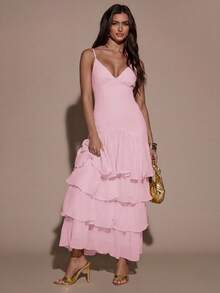 SHEIN BAE 女士纯色荷叶边下摆优雅吊带连衣裙 - 淺粉色 - 查看 4