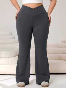 Solflare Plus Size Solid Color Minimalist Flare Pants - Dark Grey - View 5
