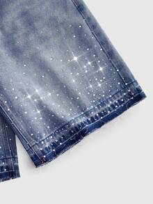 ROMWE MEN Street Life Men's Casual Denim Shorts With Pockets & Rhinestone Decor - Blue - View 4