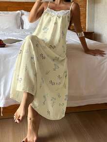 DAZY 女款夏季花卉印花拼接飾邊細肩帶睡裙 - 黃色 - 查看 6
