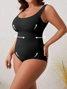 SHAPORA Monos Para Mujer De Tallas Grandes, Modelador De Cuerpo unicolor Simple - Negro - Ver 3