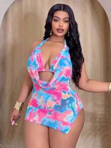 Swim SXY Set Bikini Halter Ombre Biru Muda Ukuran Plus untuk Wanita dengan Gaun Penutup Longgar, Cocok untuk Liburan Musim Panas. - MultiWarna - View 1