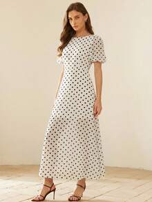 BELROSIE Vintage Chiffon Polka Dot Off-Shoulder Petal Sleeve Waist Cinched Dress - White - View 3