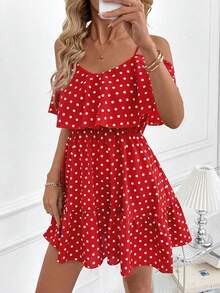 SHEIN Clasi Women's Elegant Brown Polka Dot Print Off-Shoulder Ruffle V-Neck Waist A-Line Short Dress - Red - View 6