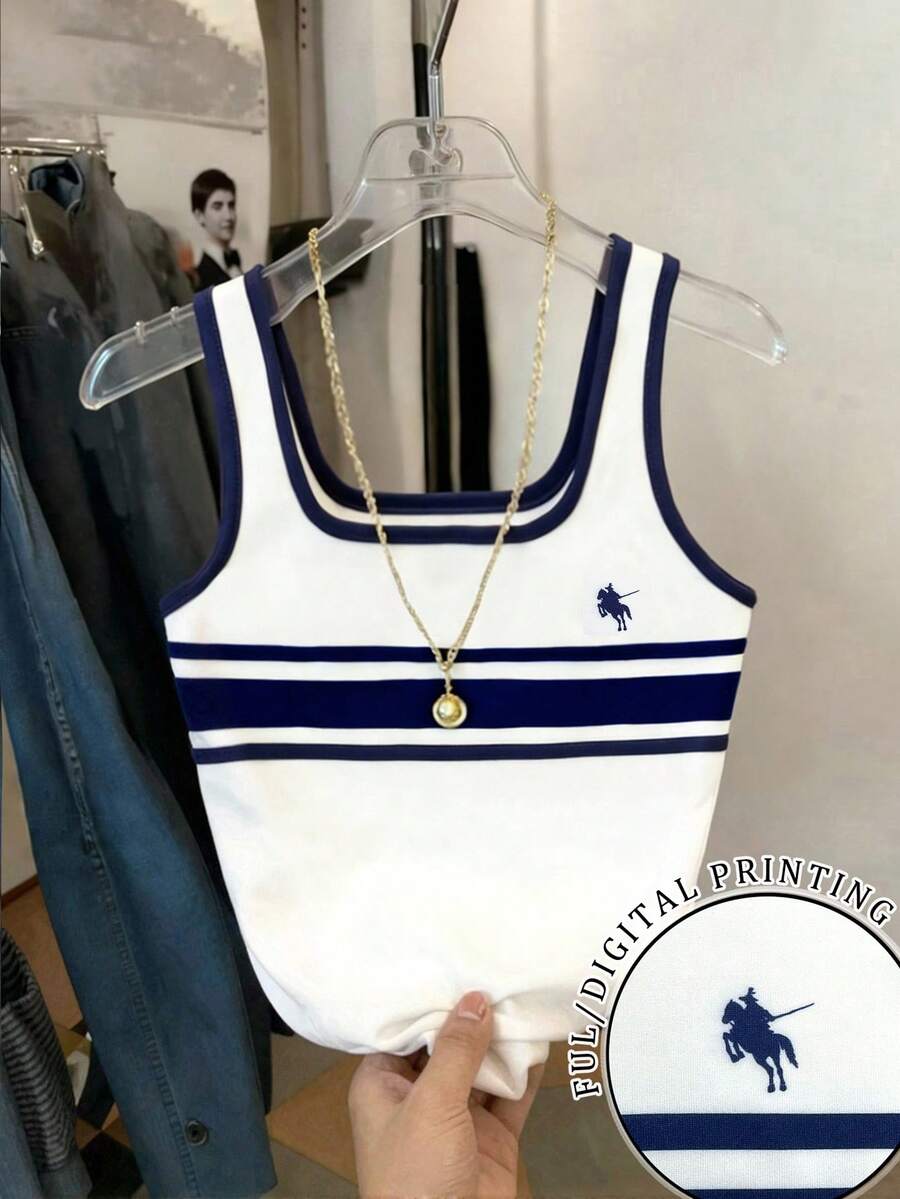 SHEIN 女士休闲骑士印花拼接条纹饰边修身背心,夏季 - 藍白色 - 查看 1