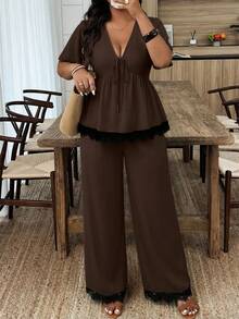 Weeklong Plus Size Women's Spring/Summer Casual Vacation Outfit, Contrast Color Ruffle Patchwork Top And Pants Set - Brown - View 4