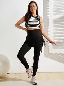 SHEIN Calça Casual Ajustável na Cintura 2 em 1 com Bainha com Cordão, Conjunto Esportivo para Gestantes - Preto - Visão 5