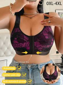 DesireSculpt 1pc Plus Size Lace Patchwork Wireless Bra - Multicolor - View 5