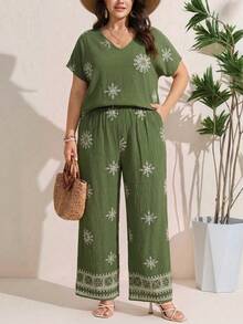 SHEIN LUNE 2pcs/Set Plus Size Women's Army Green Summer Boho Vacation Holiday Outfits,Short Sleeve V-Neck T-Shirt And Pants Elegant Fashionable Leisure Style - Multicolor - View 5