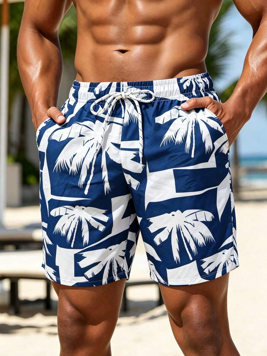 Manfinity KASUA Men's Coconut Tree Print Drawstring Waist Pocket Casual Beach Shorts, Holiday - Multicolor - View 1