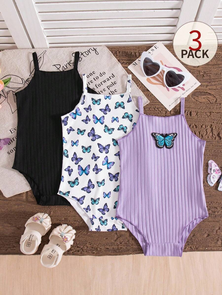 SHEIN 3件組女嬰夏季可愛度假連身衣連身褲 白色黑波點蝴蝶印花 紫色黑色針織舒適 3件組 - 彩色 - 查看 1