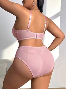 SHEIN 大码性感刺绣花卉吊带文胸+内裤两件套 - 粉色 - 查看 2