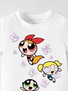 THE POWERPUFF GIRLS X SHEIN GraphicGems Áo thun ngắn tay cổ tròn họa tiết hoạt hình dễ thương cho bé gái, thích hợp mặc mùa hè. - Nhiều màu - Xem 6