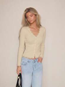 Sydney Algeri Women's Lace Frill Trim Fitted Cardigan Long Sleeve Top - Apricot - View 4
