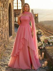 Glamrae Plus Size Women's Elegant Pink Summer Formal Prom Mesh & Organza Patchwork High Slit Ruffle Hem A-Line Dress,Weddings,Parties,Gala Dinners - Pink - View 6
