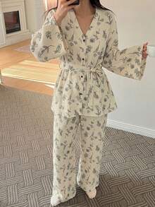 DAZY Conjunto de pijama de mujer con 2 piezas, estampado de dibujo lineal floral, tela de gasa texturizada y decoración de botones de contraste - Blanco - Ver 11