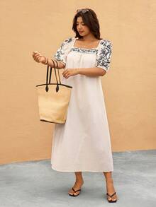 Elaquor Plus Size Floral Print Casual Vacation Dress - Apricot - View 6