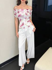 Modelyn Mesh Floral Print Off-Shoulder Pleated Summer Vacation Elegant T-Shirt - White - View 7