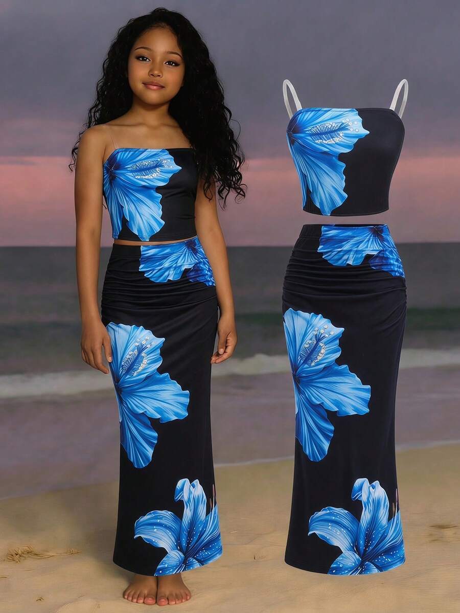 SHEIN 2pcs/Set Teen Girls Elegant Floral Print Camisole Top And Ruffle Elastic Waist Mermaid Skirt Set,Black And White,Summer,Vacation,Holiday Beach Party - Black - View 1
