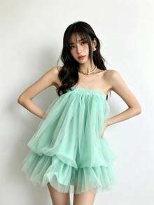 Selianne Women's Fluffy Halter Jumpsuit With Tulle - Mint Green - View 4