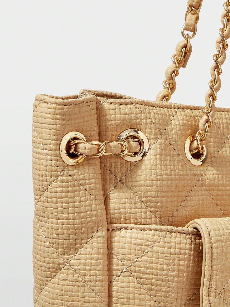 WOMEN'S FASHION APRICOT LARGE-CAPACITY TOTE BAG, RETRO VACATION WOVEN SHOULDER BAG, EXQUISITE HARDWARE CHAIN SHOULDER STRAP, CLASSIC RHOMBUS QUILTING PROCESS, SUITABLE FOR DAILY, COMMUTING, SHOPPING, VACATION, TRAVEL, BEACH, SEASIDE, BOHEMIAN MATCHING