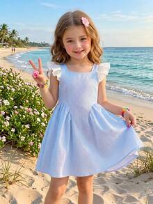 Emery Rose Kids Emery Rose Kids Young Girl Woven Colorblock Striped Square Collar Ruffle Hem Knit Dress - Blue - View 6