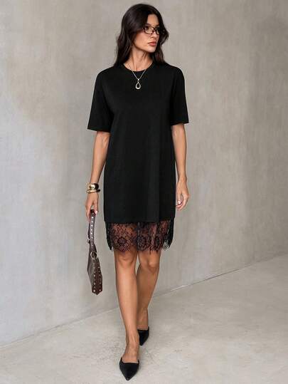 SHEIN Tall Spring & Summer Outfit Women's Casual Solid Color Asymmetrical Hem Lace Patchwork T-Shirt, Basic Everyday Wear, Spring/Summer Casual Top For Women Vacation Outfits Women Summer Holiday Outfits Holiday Outfits For Women Vacation Outfits For Women Summer Outfits Summer Outfits For Women Spring Outfit Women Spring Break Outfits Beach Dress Beach Outfits For Women Beach Outfit For Women Casual Blouses For Women Going Out Top Going Out Tops For Women Summer Tops Dress Black Cotton Lace Trim Mini Dre