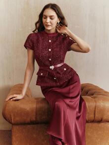Anewsta Vestido Elegante Elegante Borgonha Feminino de Verão Novo Tweed Patchwork Cetim Barra Sereia - Vinho - Visão 5