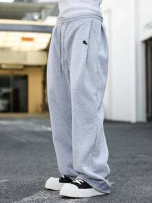 Manfinity Homme 男士纯色抽绳腰带口袋休闲宽松运动裤，灰色宽松运动裤，返校季超大码运动裤灰色宽松慢跑裤 - 灰色 - 查看 4