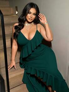 NU&NOW Plus Size Spaghetti Strap High Slit Ruffle Hem Red Party Dress - Green - View 6