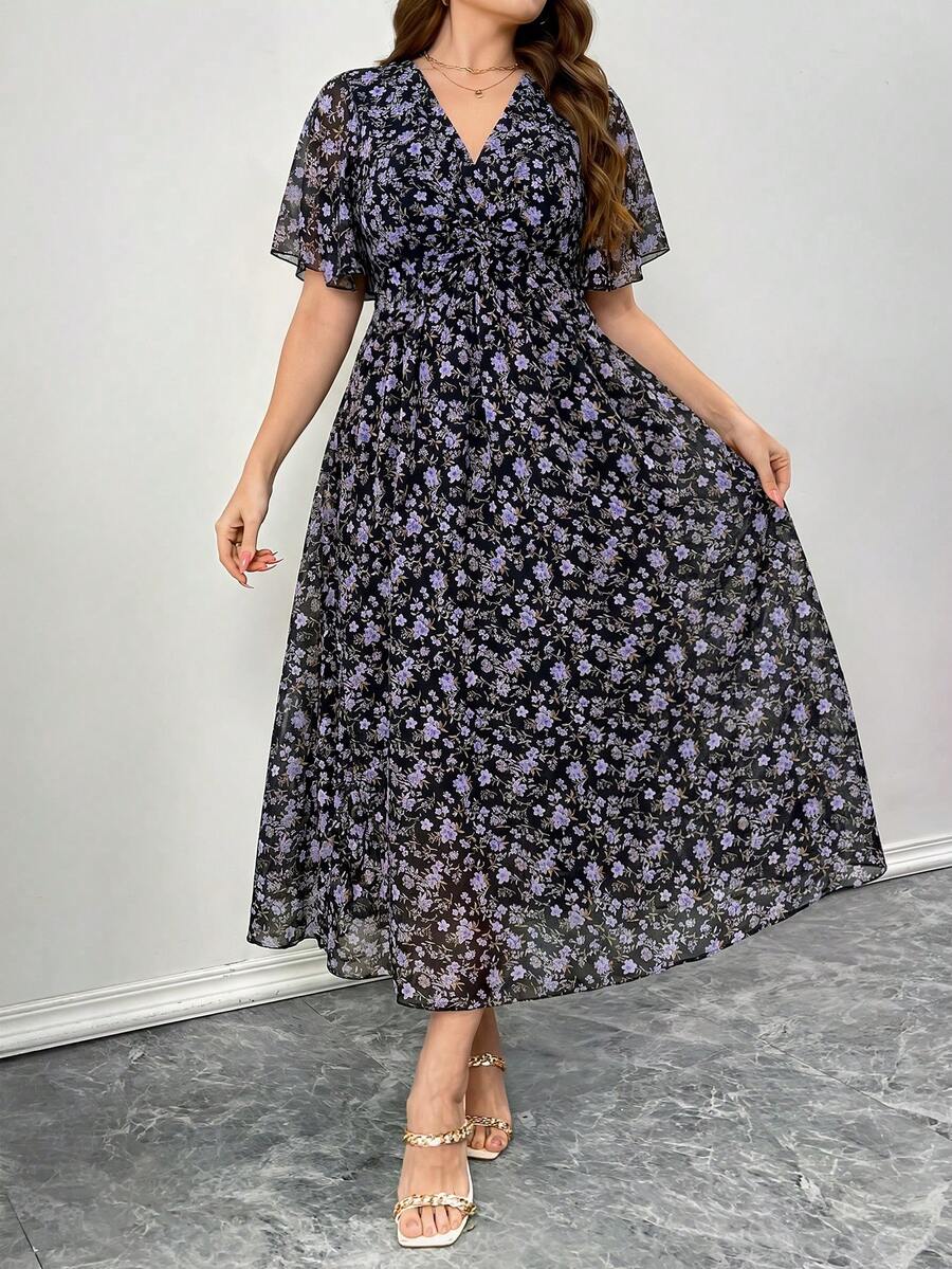 Elenzga Đầm maxi dài tay lửng 3/4 bằng chiffon voan mỏng, màu trơn, thanh lịch dành cho nữ cỡ lớn, thích hợp đi làm/hẹn hò/đi nghỉ mát. - Nhiều màu - Xem 1