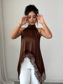 SHEIN Elenzya 女士蕾丝拼接露背休闲百搭日常衬衫 - 棕色 - 查看 8