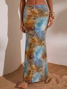 Opulessa Blue Seductive Knitted Mesh Printed Low-Waist Fitted Mermaid Hem Skirt For Women,Summer Beach Vacation Holiday,Elegant Party Bohemian Ibiza Outfits - Brown - View 2