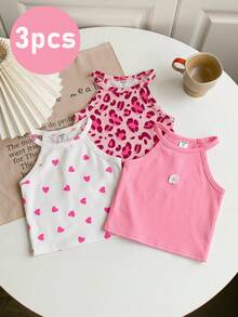 SHEIN Conjunto de 3 piezas para niña: Camiseta de punto de unicolor con estampado de leopardo y corazón - Multicolor - Ver 3