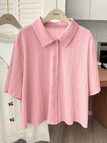 Lacomfia Kaos Wanita Ukuran Besar Minimalis Serbaguna dengan Kerah Jacquard Bertekstur Lengan Pendek Berukuran Plus - Berwarna merah muda - View 1